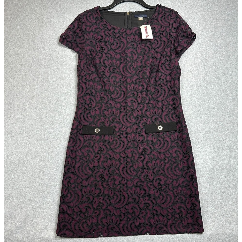 New Tommy Hilfiger Women's Size 10 Purple Black Paisley Lace Sheath Dress